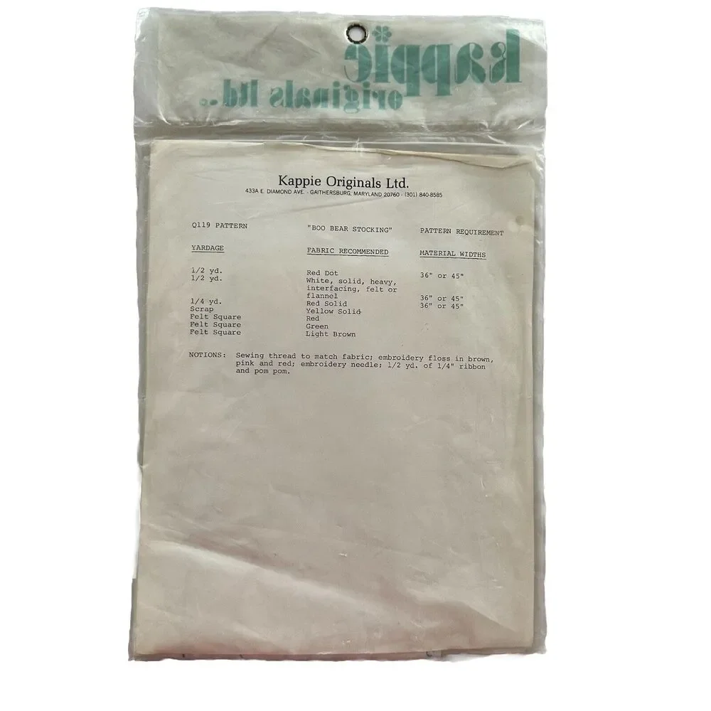Vtg 70s Kappie Kalico Q119 Boo Bear Stocking Pattern New Sealed Fabric Pattern